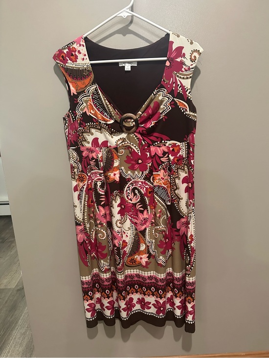 dressbarn Dresses & Skirts - dressbarn Sleeveless V-Neck Floral Paisley Dress in Brown, Pink & Cream